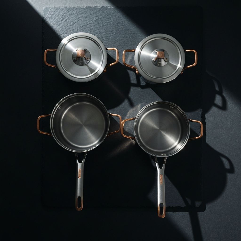 Belgique cookware set — premium stainless steel with copper accents, designed for elegance and performance