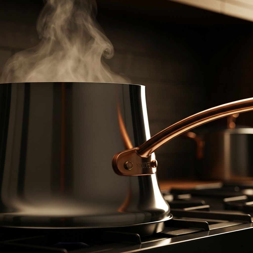 Close-up of the Belgique signature bell-shaped pot showing its elegant curved silhouette and mirror-polish finish