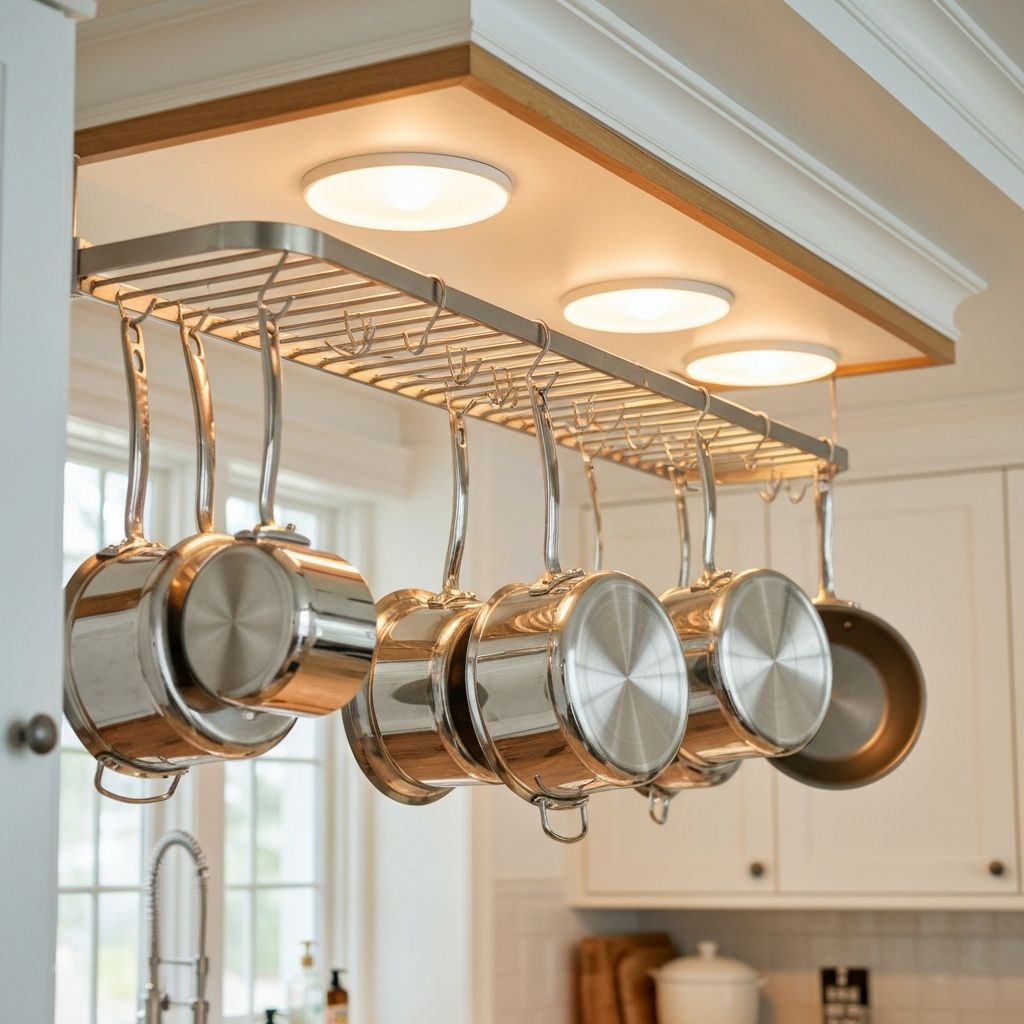 Properly stored Belgique cookware on a kitchen pot rack — maintaining the mirror finish through correct storage