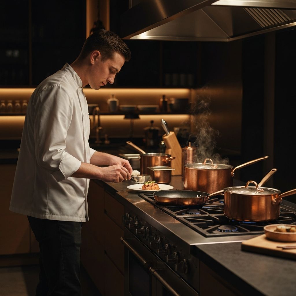 Professional chef using Belgique cookware in a modern upscale kitchen
