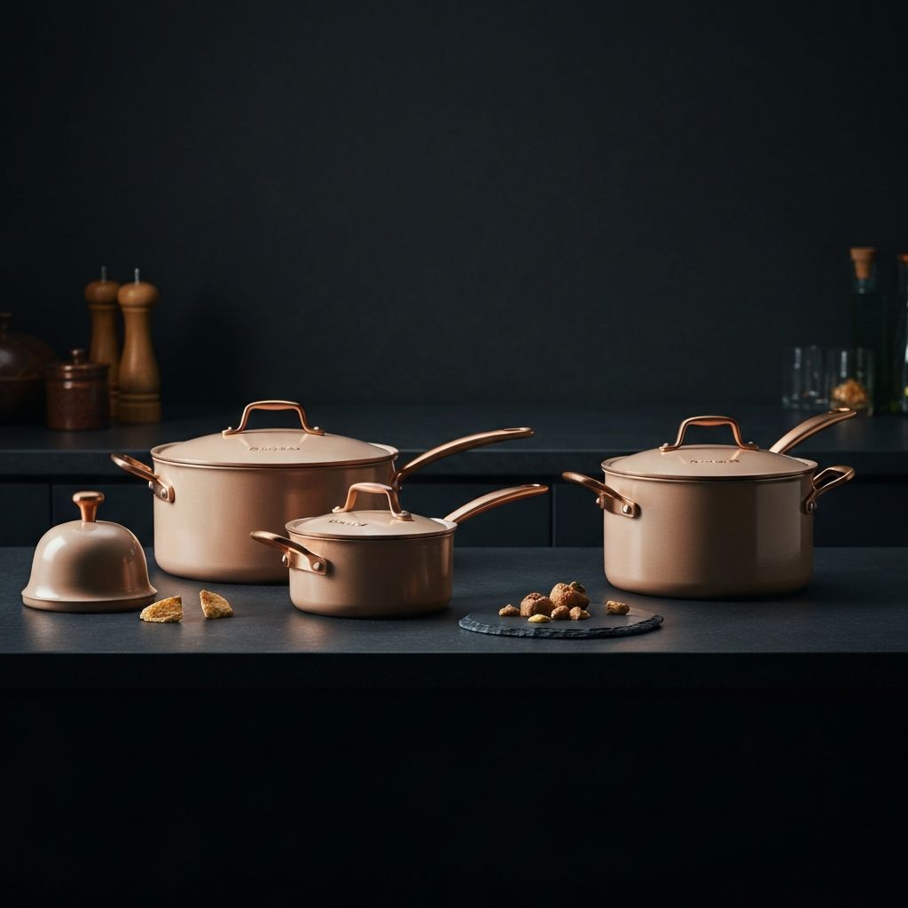 Belgique cookware set — signature bell-shaped pots with copper accents on dark slate