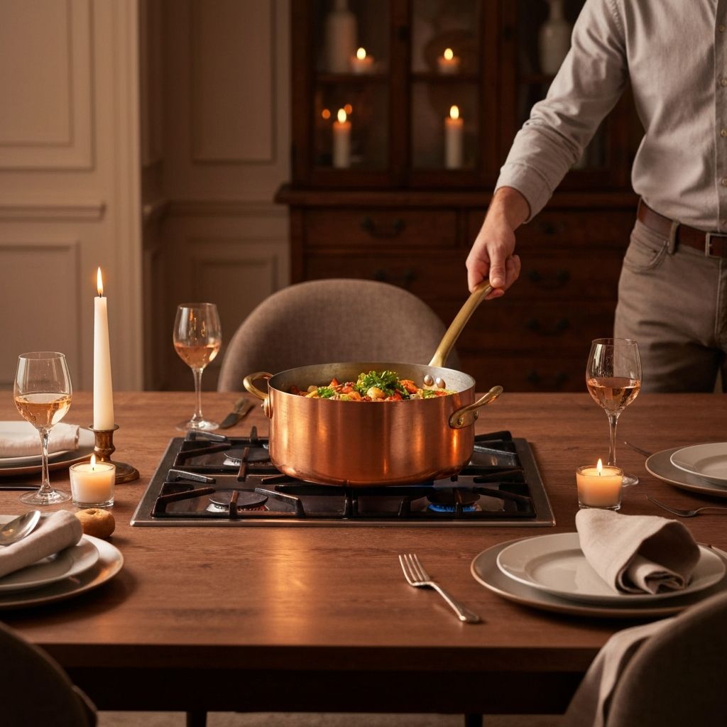 Belgique cookware transitioning from stove to dinner table — the stove-to-table design philosophy